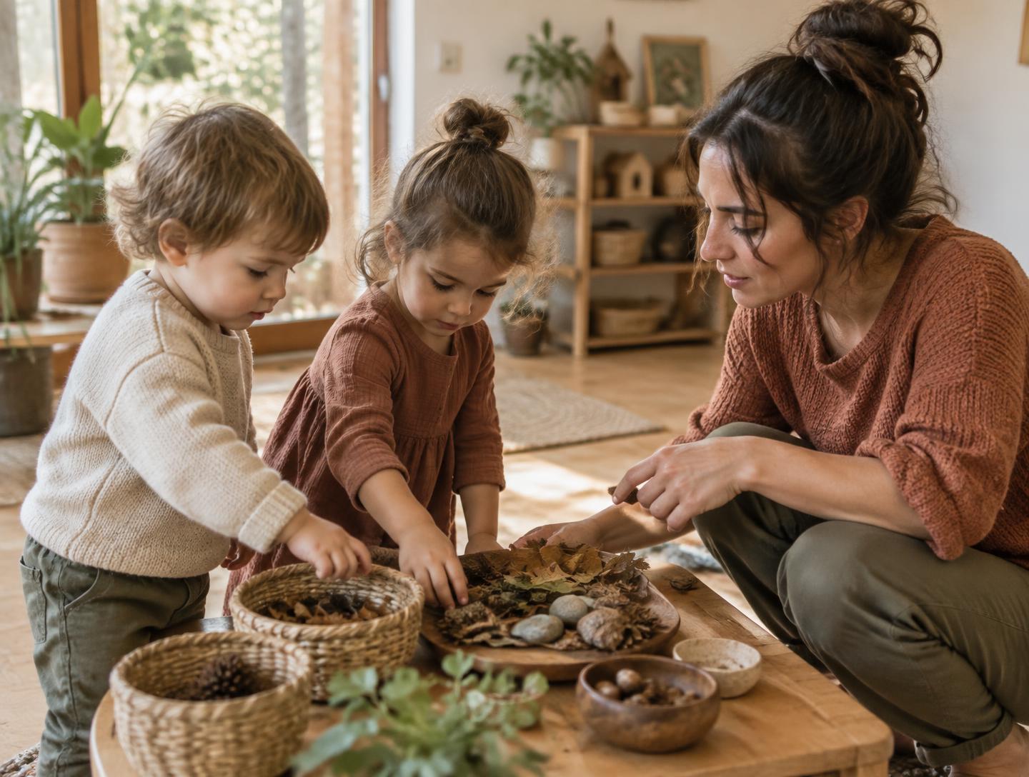 Children moving and exploring together with an adult during a hands-on, experience-based activity