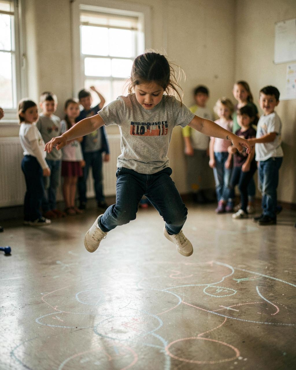 Elementary-aged children balancing together during a classroom movement activity