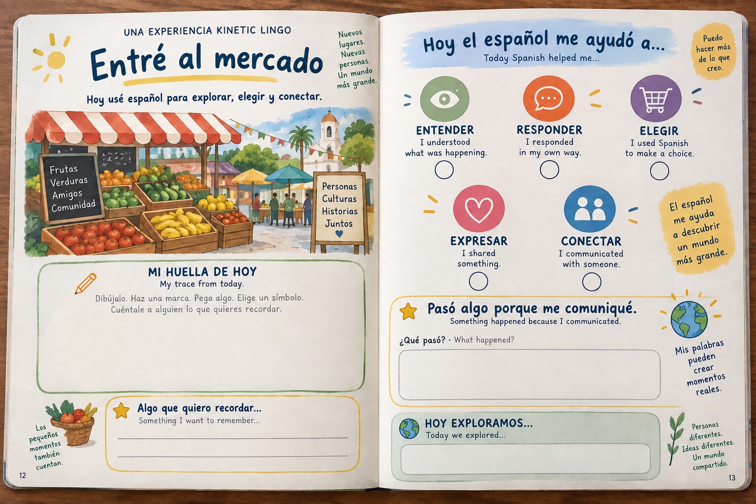 Concept of an open Language Passport spread with a child's drawing, handwritten notes and a pressed leaf